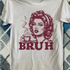 Retro Bruh Coffee Graphic Tee White Funny Mood Reaction Shirt